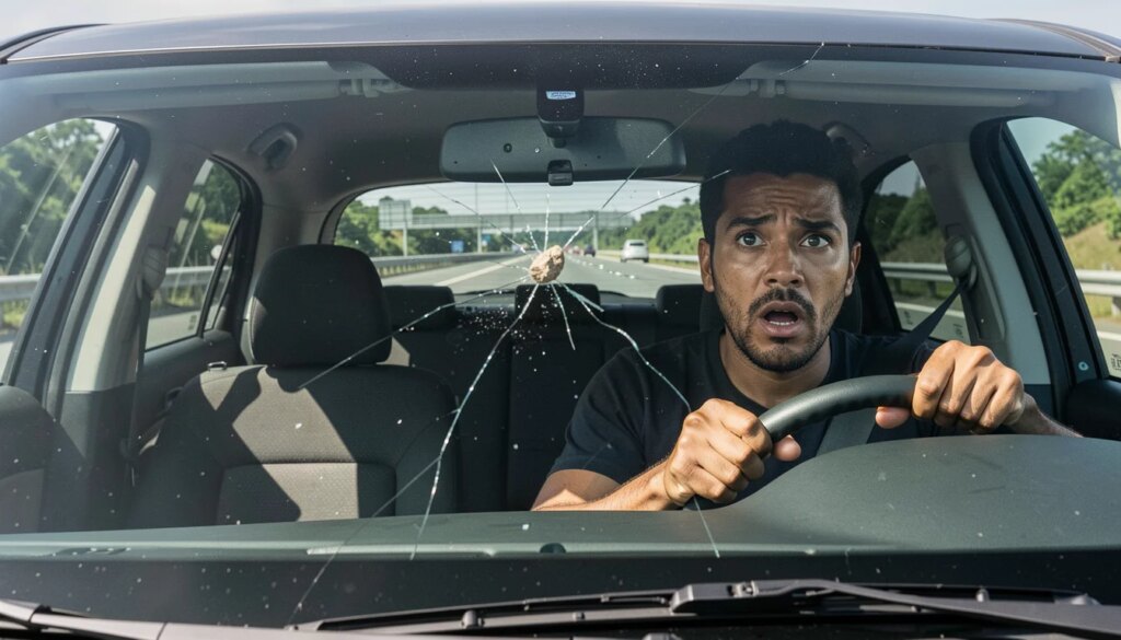 Motorista leva susto com pedra que atinge o para-brisa do carro