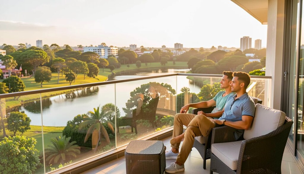 Casal relaxa em varanda de alto padrão com vista para o Parque Flamboyant