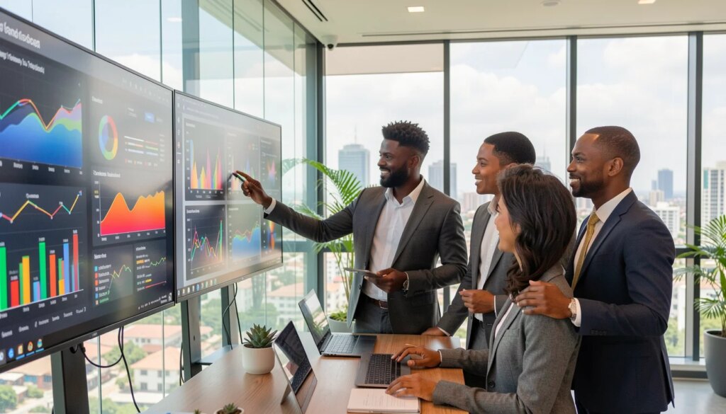 Equipe de marketing analisando métricas de performance em escritório moderno