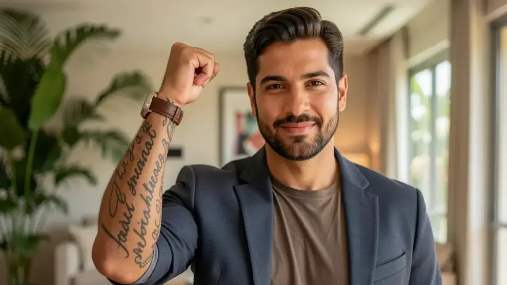 Frase em volta do braço masculino: ideias, fontes e como escolher